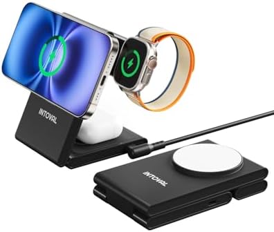 Intoval 3-in-1 Magnetic Charging Station: Ultimate Foldable Dock for Fast Charging of i Phone 12-16 (Plus/Pro/Pro Max), Apple Watch, and Air Pods – Sleek Travel Accessory with Enhanced Mag Safe Compatibility and Trio Magnetic Stand for Organized Power Solutions at Home or On-the-Go