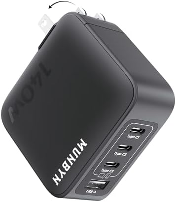 MUNBYN Next Tech CR14 140 W USB C Ga N Wall Charger – Ultra-Compact 4-Port Fast Charging Solution for Universal Device Compatibility, Ideal for Travel and Home Use, Enhanced Safety Features Included