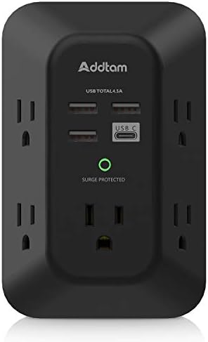 Addtam 5-Outlet Surge Protector with 4 USB Fast Charger – Compact Power Strip Extender for Home and Dorm Use, PD 20 W Charging, Enhanced Safety Features, Multi-Device Compatibility, Black Power Solution for Modern Living
