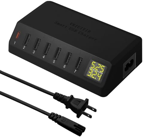 High-Power 7-Port USB Charging Hub with LED Display – 60 W/12 A Multi-Device Power Station for i Phone 14/13/12, Galaxy Tablets, Pixel, Headphones & More (Sleek Black) – Efficient PD20 W Rapid Charging Solution for Home & Office Use