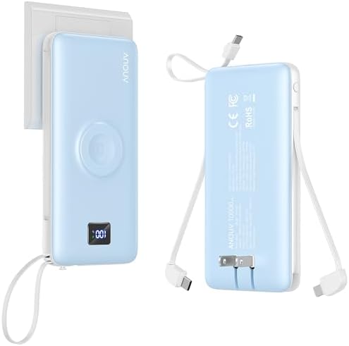 Revolutionize Your Charging Experience with ANOUV 10,000 m Ah Portable Power Bank – Built-in Cables & AC Plug for Fast, On-the-Go USB-C Charging, Compatible with i Phones and All Smart Devices – LED Display for Real-Time Battery Monitoring – The Ultimate Travel Essential for Efficiency and Convenience