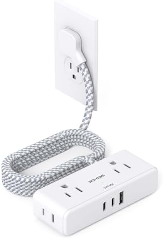 BESHON 10 ft Flat Plug Extension Cord with 4 Wide Outlets & 3 USB Ports (2 USB-C) – Versatile Power Strip for Home, Office & Dorm – Space-Saving Design with Surge Protection & Fast Charging Capabilities