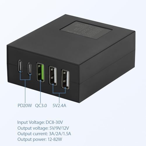 Le Motech Ultra-Fast Multi-Port USB Power Adapter – Compact 12 V/24 V to 5 V DC Converter for i Phone, Android, and Tablets – Versatile Charging Station for Travel and Outdoor Use – Reliable Power Solution with Four USB Ports for Quick Device Charging