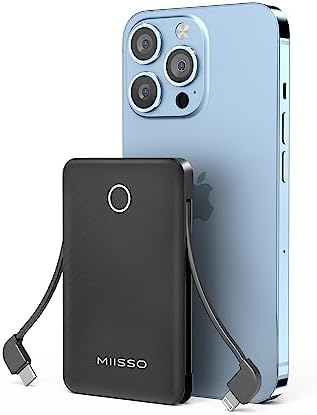 Ultra Slim 6000 m Ah Power Bank with Built-In USB C Cords – Card-Sized Portable Charger for Effortless On-the-Go Charging, Triple Output for i Phone, Samsung, Google Devices – Stylish and Compact Battery Pack for Enhanced Efficiency and Versatility