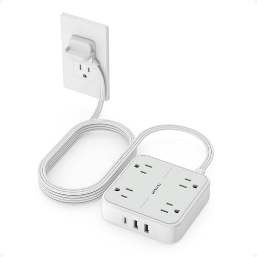 TESSAN Compact Flat Plug Surge Protector Power Strip with 4 AC Outlets and 3 Fast-Charging USB Ports – 5 ft Extension Cord for Office, Dorm, and Travel – 900 J Surge Protection for Enhanced Device Safety and Clutter-Free Organization