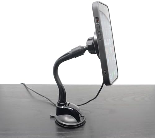 Stay-in-Place Magnetic Phone Charging Stand with Suction Base. Stays Firmly in Place and Doesn’t Move Around. Flexible Gooseneck for Perfect Viewing Angle. Compatible with MagSafe. – Enhanced Compatibility and Speed