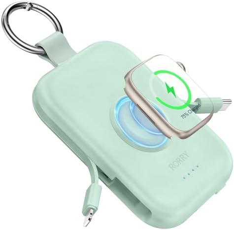 Compact RORRY 5000 m Ah Portable Charger Power Bank with Integrated Cables – Sleek Keychain Battery Pack for i Phone 16/15/14/13/12 and Apple Watch Ultra Series, Ultimate Travel Companion with Fast Charging and Modern Design