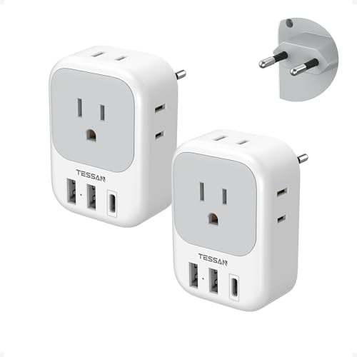 TESSAN Dual Pack European Travel Adapter with 4 AC Outlets and 3 High-Speed USB Ports – Ultimate International Power Converter for Seamless Device Charging in Italy, Spain, France, Portugal, Germany, and Iceland – Essential Travel Accessory for Modern Explorers