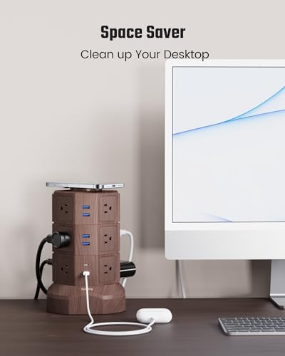 Elevate Your Charging Solutions with the SUPERDANNY Power Strip Tower – 15 W Wireless Charger and 1050 J Surge Protector with 12 AC Outlets, 6 USB Ports (Including 2 USB-C) and 6.5 ft Extension Cord – Ideal for Home Office Organization and Efficient Device Management with Elegant Wood Grain Finish
