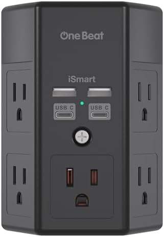 Maximize Power Efficiency with Our 5-Outlet Surge Protector and 4-Port USB Charger – Wall-Mountable Power Strip with 1680 Joules Protection for Home and Office Use, Featuring Fast USB C PD 20 W Charging for All Devices, Ideal Multi-Plug Adapter for an Organized Workspace