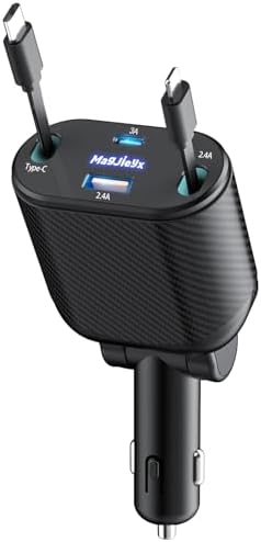Magjieyx 62 W Retractable Car Charger: 4-in-1 Fast Charging Adapter for Ultimate On-the-Go Power – Compatible with i Phone 16/15/14/13/12 Pro Max Plus, i Pad, Air Pods, Galaxy – Quick Charge & Power Delivery Enabled for Rapid Device Charging – Tangle-Free Convenience for Commuters and Travelers