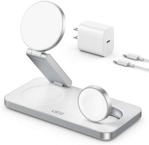 Revolutionary 3-in-1 Magnetic Wireless Charging Station – High-Speed Mag Safe Charger for i Phone 16/15/14/13/12, Apple Watch Ultra/SE/10/9/8/7/6/5/4, and Air Pods Pro/4/3/2 (White/Silver) – Optimal Compatibility and Space-Saving Design for On-the-Go Charging Solutions. Experience lightning-fast 15 W charging with seamless Mag Safe alignment for your Apple devices, ensuring simultaneous charging for your i Phone, Apple Watch, and Air Pods. This advanced charging station features multi-intelligent protection with over-voltage, over-current, and temperature control to maintain battery health and prevent overheating. Its foldable and adjustable design provides convenience and portability, making it the ideal travel accessory. Included are a 20 W USB-C PD charger and a 3 ft USB-C cable for enhanced usability. Upgrade your charging experience with this sleek, efficient solution that embodies both functionality and style. Perfect for tech-savvy users seeking reliability and efficiency in one compact unit.