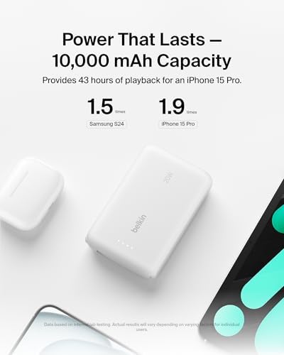 Belkin 10,000 m Ah Portable Charger – Fast Charge Power Bank with Integrated Cable for i Phone 16, i Pad Pro, Galaxy S25 – 20 W USB-C Power Delivery – Lightweight Pink Design for Ultimate Portability and Versatile Compatibility