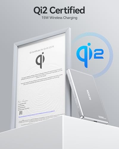 Ultra Slim 5000 m Ah Magnetic Power Bank for i Phone 16, 15, 14, 13, 12 – Qi2 Certified Portable Charger with 20 W PD Fast Charging & 15 W Wireless Capability – Lightweight Design for Effortless On-the-Go Charging – Advanced Safety Features for Device Protection