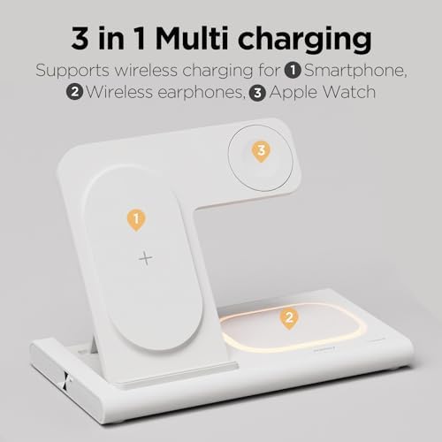 Mooas 3-in-1 Fast Wireless Charging Station with Nightlight – 15 W Multi-Device Charger for i Phone 15/14/13/12/11/XR/XS/8, Samsung Galaxy S24/23/22/21, Air Pods & Apple Watch – Sleek, Space-Saving Design for Enhanced Compatibility and Convenience