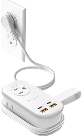 ORICO 65 W Ga N Travel Power Strip: 7-in-1 Charging Solution with 3 AC Outlets, 2 USB-A, 2 USB-C Ports, Flat Plug Design & 4 FT Extension Cord – Ultimate Fast Charger for Mac Book Pro/Air, i Pad Pro, i Phone 15/14/13 – Lightweight & Portable for Effortless Travel