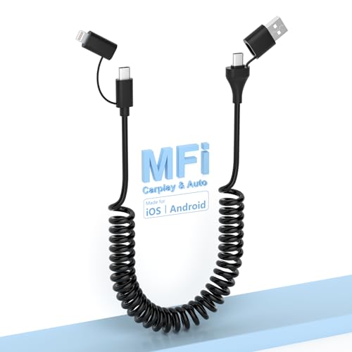 Ultimate 4-in-1 MFi Certified USB C and Lightning Charging Cable – 60 W Fast Charge & Data Sync for Apple Car Play & Android Auto – Tangle-Free Coiled Multi-Device Charging Solution for i Phone, Android, i Pad, and Laptops – Premium Compatibility & Speed Enhancement