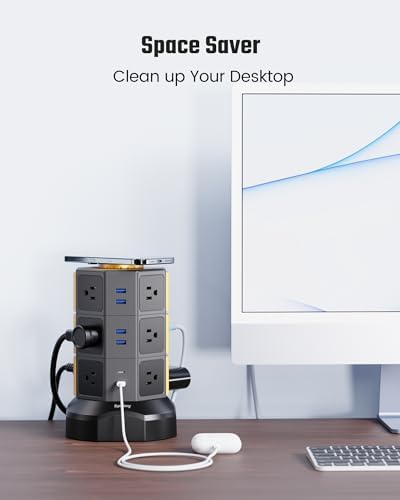 Elevate Your Charging Solutions with the SUPERDANNY Power Strip Tower – 15 W Wireless Charger and 1050 J Surge Protector with 12 AC Outlets, 6 USB Ports (Including 2 USB-C) and 6.5 ft Extension Cord – Ideal for Home Office Organization and Efficient Device Management with Elegant Wood Grain Finish