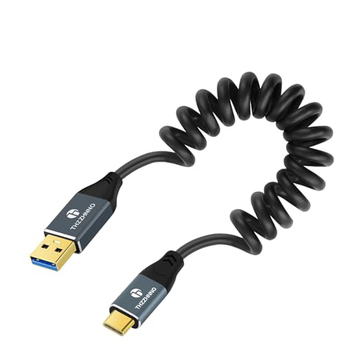 Retractable Coiled USB B to USB C Cable for High-Speed Data Transfer – 5 Gbps Compatibility with Mac, PC, Laptops, MIDI Keyboards, and DJ Controllers – Adjustable Length from 0.75 FT to 3.3 FT for Effortless Connectivity and Organization