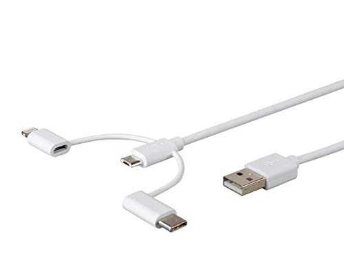 Monoprice 3-in-1 USB Multiport Charging Cable – 3 ft White – Versatile USB Micro-B, USB-C & Lightning Compatibility for Fast Charging and Data Transfer – Essential Tech Accessory for Home, Office, and Travel