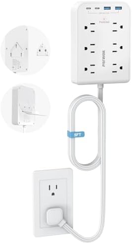 5 FT Ultra Thin Power Strip with 6 AC Outlets & 4 USB Ports (2 USB-C) – Sleek Surge Protector for Home & Office Charging Solutions, Compact Wall Charger for Efficient Power Distribution and Device Safety