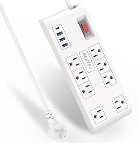 BESTEK 8-Outlet Power Strip with 5-Foot Extension Cord: Multi-Port USB Charging Hub Featuring 3 USB-A (2.4 A) & 1 USB-C (3 A) | 1625 W Max Output with 600 Joule Surge Protection for Enhanced Device Safety | Ultra-Compact Design for Home & Office Efficiency