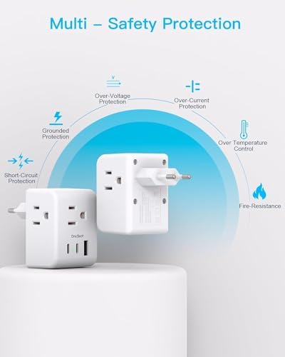 Ultimate European Travel Plug Adapter Set – Dual Pack Universal Power Converter with 3 AC Outlets and 3 USB Charging Ports (including USB-C) for Efficient Power Solutions in Italy, Spain, France, Germany, and Iceland – Essential Accessory for Global Travelers Seeking Versatile Compatibility and Rapid Charging Efficiency