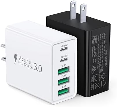 50 W Dual Type C Fast Charging Power Adapter 2-Pack – High-Performance USB-C Charger for i Phone, Samsung, i Pad, and Nintendo Switch – 5-Port Multi-Device Charger for Home and Travel – Compact, Safe, and Reliable Charging Solution