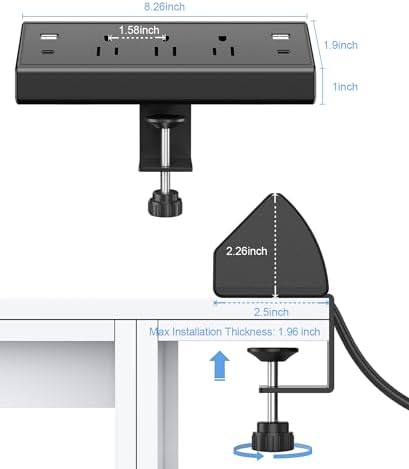 Ultimate Desk Clamp Power Strip with USB C Fast Charging, 40 W Surge Protector for Home and Office, 2 PD 20 W USB C Ports & 3 AC Outlets – Streamline Your Workspace with Enhanced Safety (ETL Listed)