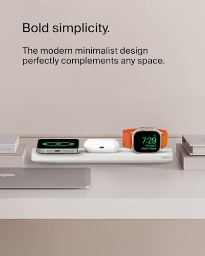 Belkin 15 W Mag Safe-Compatible 2-in-1 Wireless Charging Station – Fast Dual Device Charger for i Phone 16, 15, 14, 13 Series & Air Pods – Sleek Sand Design for Effortless Portability and Seamless Power Solutions