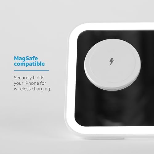 Revamp Your Content Creation with AT&T Rectangle Light Mirror Stand – Magnetic Phone Holder & Wireless Charging Station for Influencers – Sleek White Design for Flawless Selfies and Professional Makeup Lighting – Enhanced Compatibility and Efficiency