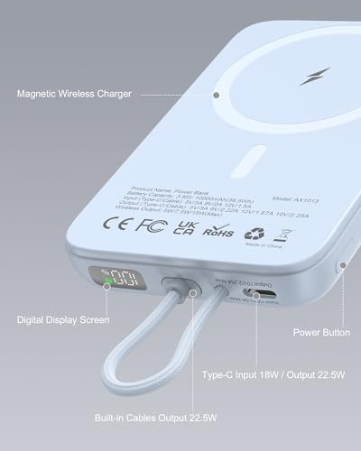 Asper X Mag Safe 10,000 m Ah Portable Power Bank – Dual Charging Solutions with 15 W/22.5 W Fast Charging, Smart LED Power Display, Built-in USB-C Cable & Compact Design for i Phone 16/15/14/13/12 & Galaxy S25 – Ultimate Travel Companion for Efficient Power Management