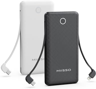 miisso 10000 m Ah Ultra-Slim Portable Power Bank with Integrated Charging Cables – Multi-Device USB-C Travel Charger for i Phone & Samsung – Compact, Lightweight Battery Pack Designed for Maximum Portability and Efficiency