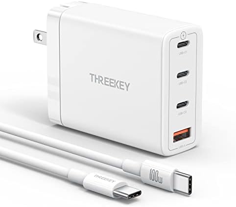 Ultimate 100 W USB-C Fast Charger – THREEKEY 4-Port Ga N Technology with Foldable Design & 3.3 FT Cable, Compatible with Mac Book Pro/Air, i Phone 16/15/14/13/12, i Pad Pro/Mini/Air, Galaxy S22/21 & More – Power Up Multiple Devices Efficiently and Quickly