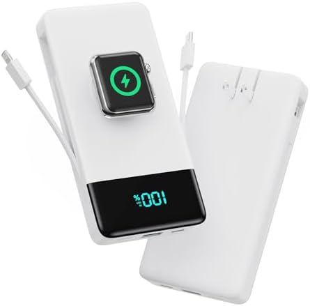 Ultra-Compact 6-in-1 10800 m Ah Power Bank with Built-In Cables & AC Plug – Fast Charging for i Phone, Android, and Apple Watch – LCD Display for Easy Power Monitoring – Lightweight, Travel-Friendly Battery Pack for Multi-Device Charging – Perfect for i Phone 16/15/14 Series, Samsung Galaxy, and More – Enjoy Unmatched Versatility and Convenience on the Go