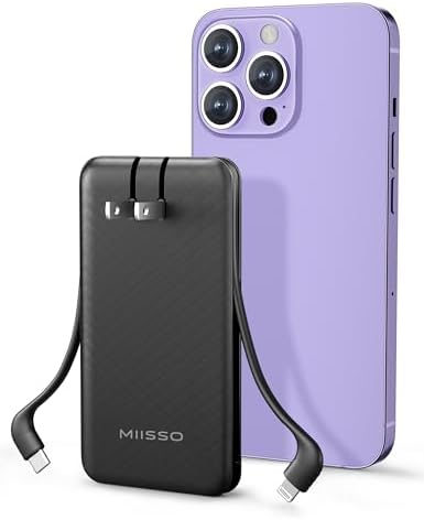 miisso Ultra Slim 10000 m Ah Portable Power Bank with Integrated Cables and Foldable AC Plug – Compact USB-C Charger for i Phone, Samsung, i Pad – Travel-Friendly External Battery with Fast Charging for On-the-Go Connectivity