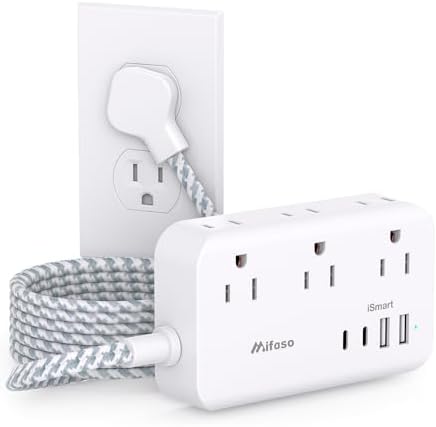 Compact Power Strip with 6 Outlets and 4 USB Ports (2 USB-C) – 5 Ft Braided Extension Cord with Ultra-Slim Flat Plug for Wall Mounting – Essential Overload Protection for Travel, Dorm Rooms, and Cruise Ships – Versatile Device Charger for Modern Living