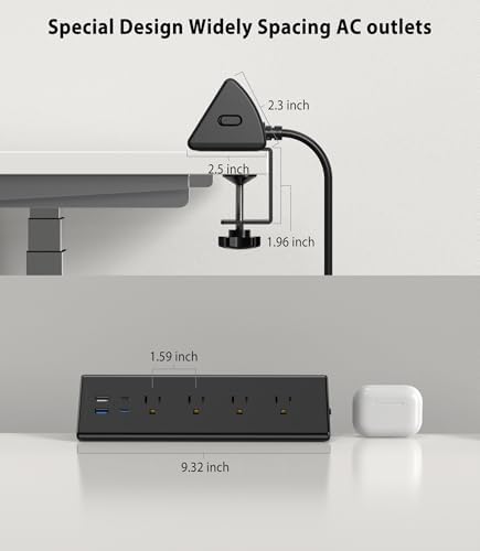 Ultimate Desk Clamp Power Strip with USB C – 4 AC Outlets & 4 Fast Charging USB Ports – 14 AWG Cord for Optimal Power – Secure Edge Mount Design Fits 1.96″ Tablets – Sleek Black Finish – Ideal Office & Nightstand Solution for Enhanced Productivity