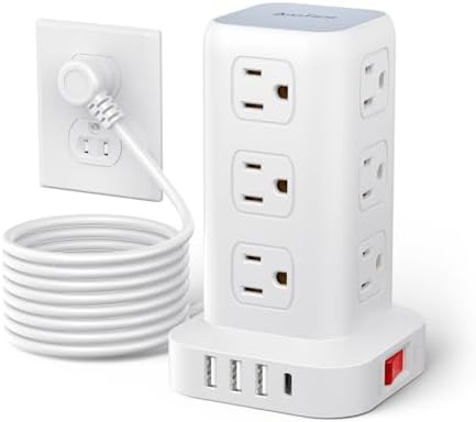 Ultimate Surge Protector Power Strip Tower with 10 FT Cord and 4 USB Ports (1 USB C) – 12 AC Outlets for Home Office and Dorm Room – Space-Saving Design with Enhanced Protection for Your Electronics and Fast Charging Solutions