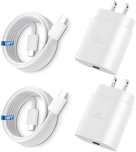 High-Speed 25 W Type C Wall Charger for Samsung Galaxy S25 Series – Includes Dual 10 FT USB-C Cables for Enhanced Flexibility and Safety – Lightning-Fast Charging with Compact Design for Travel Enthusiasts and Everyday Users