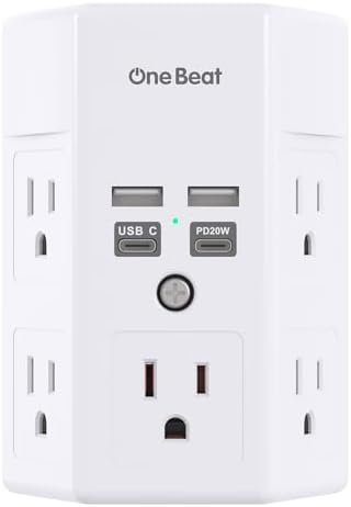 Maximize Power Efficiency with Our 5-Outlet Surge Protector and 4-Port USB Charger – Wall-Mountable Power Strip with 1680 Joules Protection for Home and Office Use, Featuring Fast USB C PD 20 W Charging for All Devices, Ideal Multi-Plug Adapter for an Organized Workspace