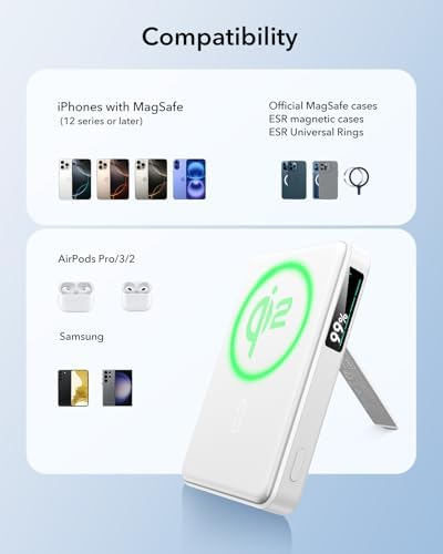 ESR Mag Safe 10,000 m Ah Portable Charger with Kickstand – Qi2 Certified 15 W Fast Charging Power Bank for i Phone 16/15/14/13/12 – Sleek Black Design with LED Display & 27 W USB-C Output for Effortless Charging On-the-Go