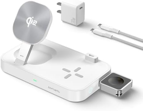 Revolutionize Your Charging Setup with the Qi2 Wireless Charging Station Trident – 15 W Fast Charger for Smartphones, Air Pods, and Apple Watch – Qi2 Certified, Dual USB-C Ports for Smartwatch, Whisper-Quiet Operation, Adjustable LED Indicator, Sleek White Design for Modern Aesthetics – Ultimate Device Compatibility and Speed in One Compact Solution