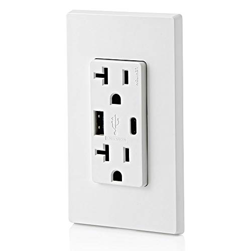 Leviton Dual USB In-Wall Charger with 20 A Tamper-Resistant Outlet – Type A & Type-C Compatibility for Smartphones and Tablets, Light Almond Finish – Streamlined Charging Solution for Home and Office Spaces