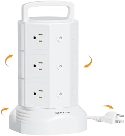 JACKYLED Power Strip Tower Surge Protector with 12 Outlets and 6 USB Ports (2 USB-C) – High-Speed Charging Station with 1050 Joules Protection, 1625 Watts, 6.5 ft Extension Cord for Enhanced Home Office Efficiency and Device Safety