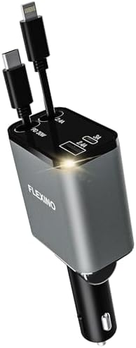 Flexino 69 W Retractable Car Charger for i Phone 16 & Galaxy – Dual USB-C Fast Charging Adapter with 2.6 ft Cords for Seamless Road Power – Compact, Stylish, and Versatile Car Charger Accessory for All Devices
