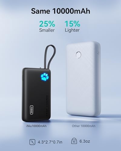 Ultimate INIU Slim 10000 m Ah Power Bank with Built-in USB-C Cable – 20 W Fast Charging for i Phone & Android, Compact Travel Essential for Students & Adventurers, Stylish Blue Design with Real-Time Power Indicator