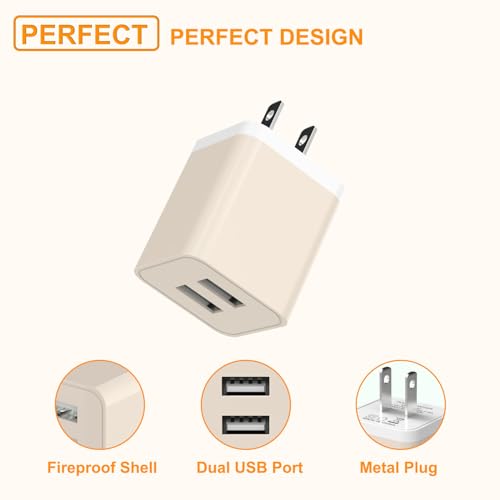 i GENJUN 5-Pack i Phone Charger Set – Dual Port USB Wall Adapter with 6 FT Lightning Cables for Fast Charging & Data Sync – Compatible with i Phone 14, 13, 12, 11 Pro Max, XR, XS Plus – Sleek Beige Design for Modern Convenience