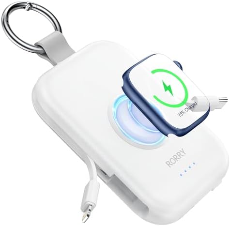 Compact RORRY 5000 m Ah Portable Charger Power Bank with Integrated Cables – Sleek Keychain Battery Pack for i Phone 16/15/14/13/12 and Apple Watch Ultra Series, Ultimate Travel Companion with Fast Charging and Modern Design