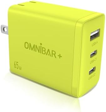 Omnibar 65 W Ga N USB-C Fast Charger Block – 3-Port Travel Adapter for i Phone 16/15, Mac Book Pro/Air, Galaxy S24/S23 & Nintendo Switch – Compact Lime Green Design for Effortless Multi-Device Charging – Universal Compatibility & High-Efficiency Power Delivery for On-the-Go Tech Users